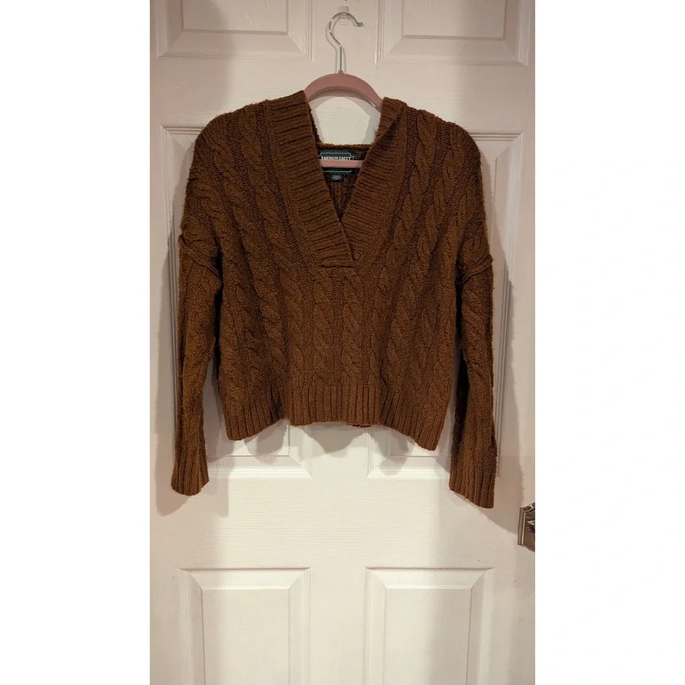 American Eagle Hooded Sweater Small Brown Cable Knit V-Neck Cropped Cozy Fall
